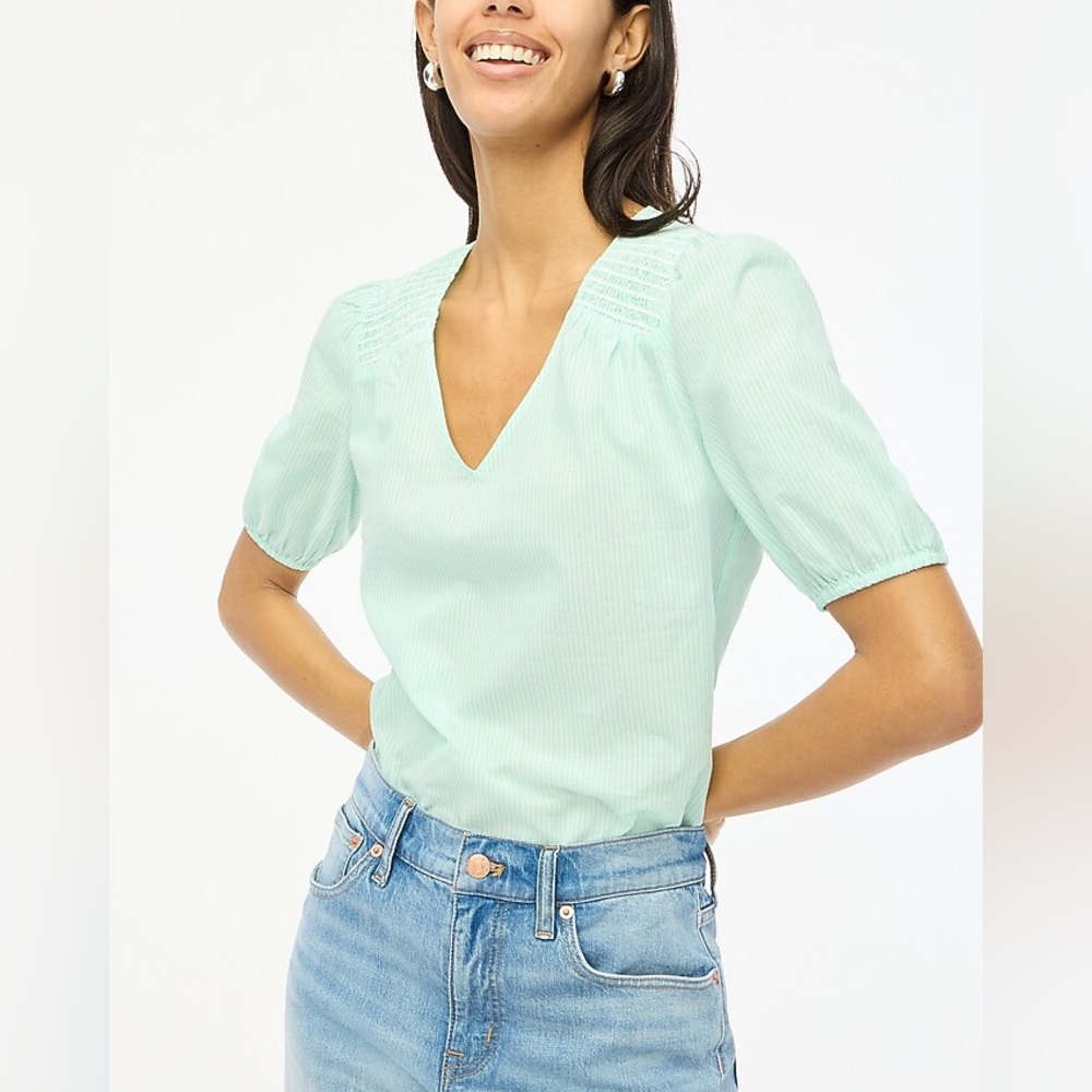 J. Crew Cotton V-neck top Light Green / white stripe LARGE XL